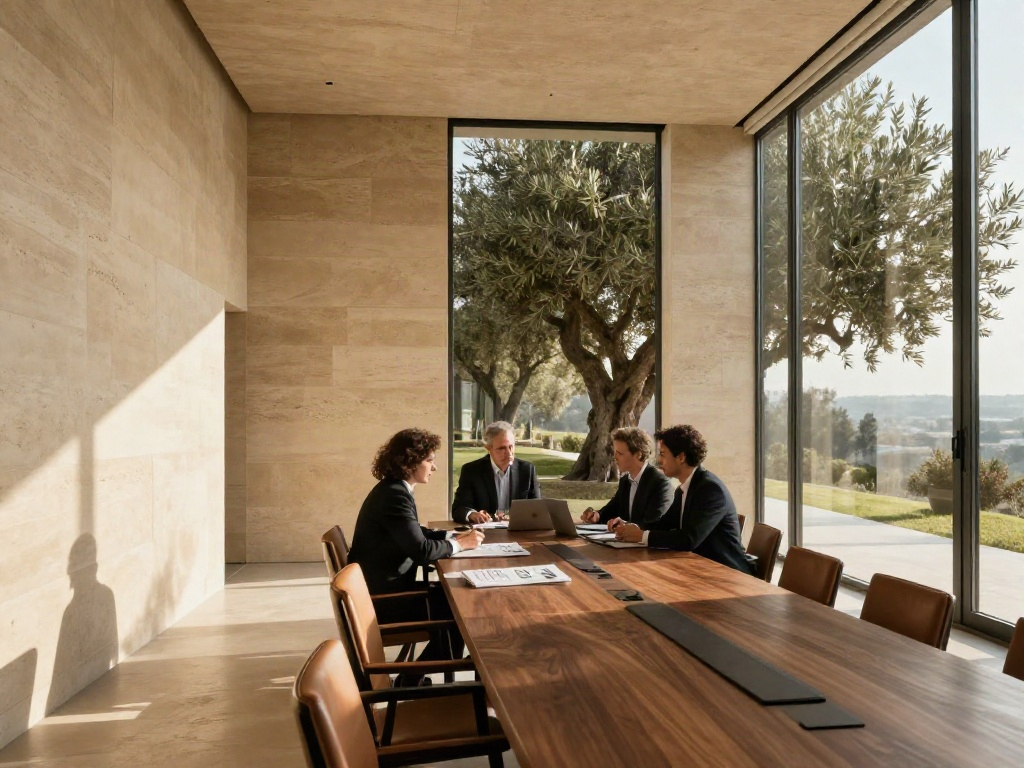 An inviting, sunlit conference room where a small team reviews business strategy together